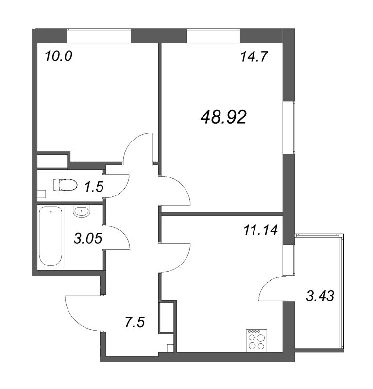 2-комнатная квартира, 48.92 м² - планировка, фото №1