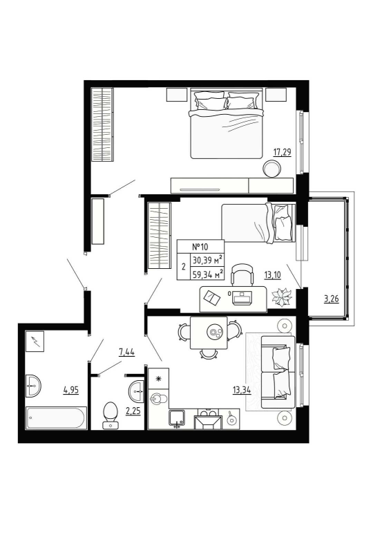 2-комнатная квартира, 59.34 м² - планировка, фото №1
