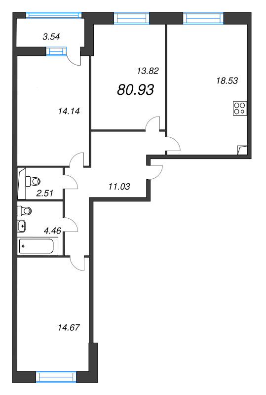 4-комнатная (Евро) квартира, 80.93 м² в ЖК "Аквилон Leaves" - планировка, фото №1