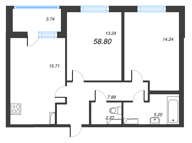 3-комнатная (Евро) квартира, 58.8 м² в ЖК "ЮгТаун" - планировка, фото №1
