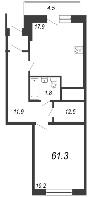 1-комнатная квартира, 60.5 м² в ЖК "Эталон на Неве" - планировка, фото №1