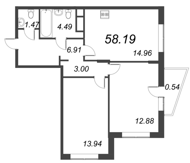 3-комнатная (Евро) квартира, 58.19 м² в ЖК "VEREN NORT сертолово" - планировка, фото №1