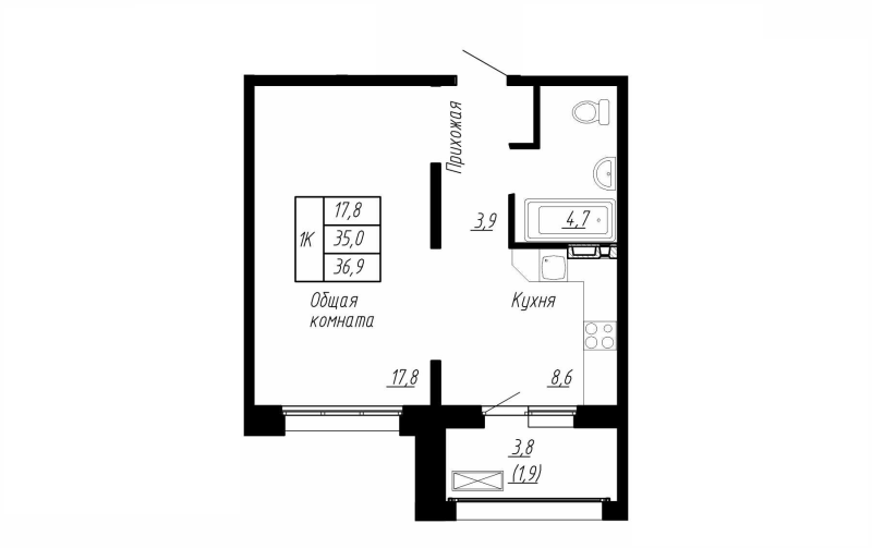 1-комнатная квартира, 36.9 м² в ЖК "Сибирь" - планировка, фото №1