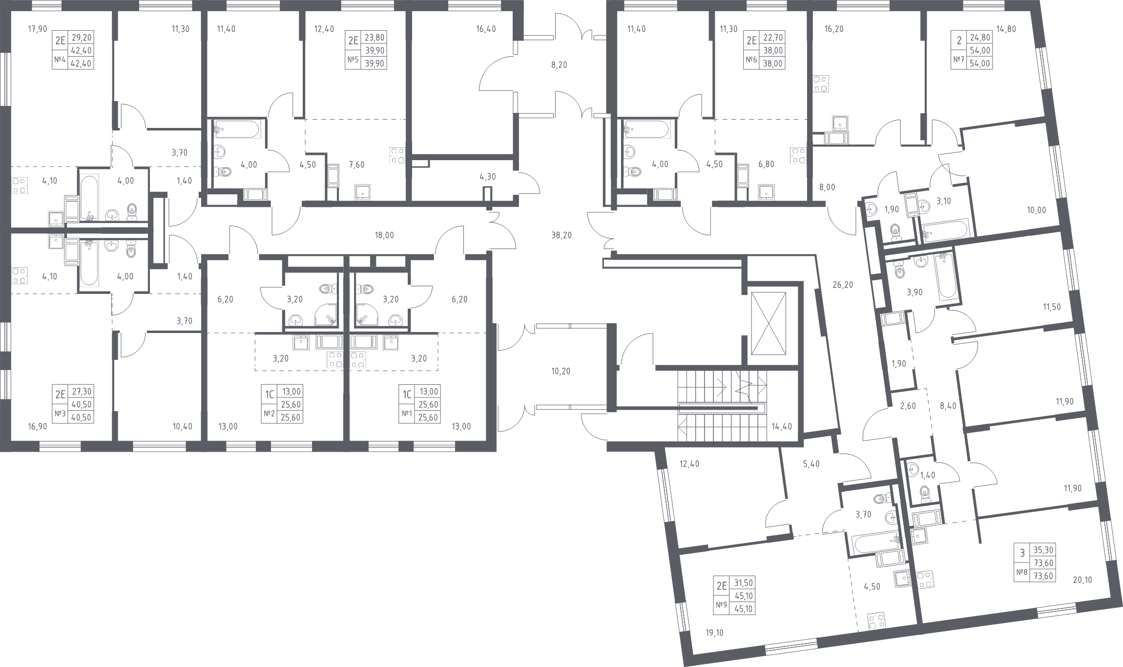 2-комнатная (Евро) квартира, 42.4 м² в ЖК "Курортный Квартал" - планировка этажа