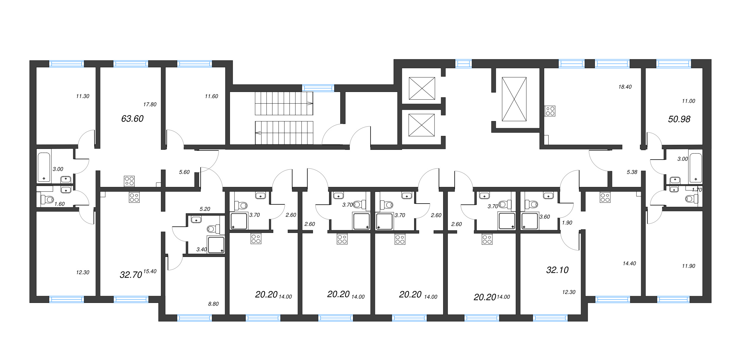 3-комнатная квартира, 63.6 м² - планировка этажа