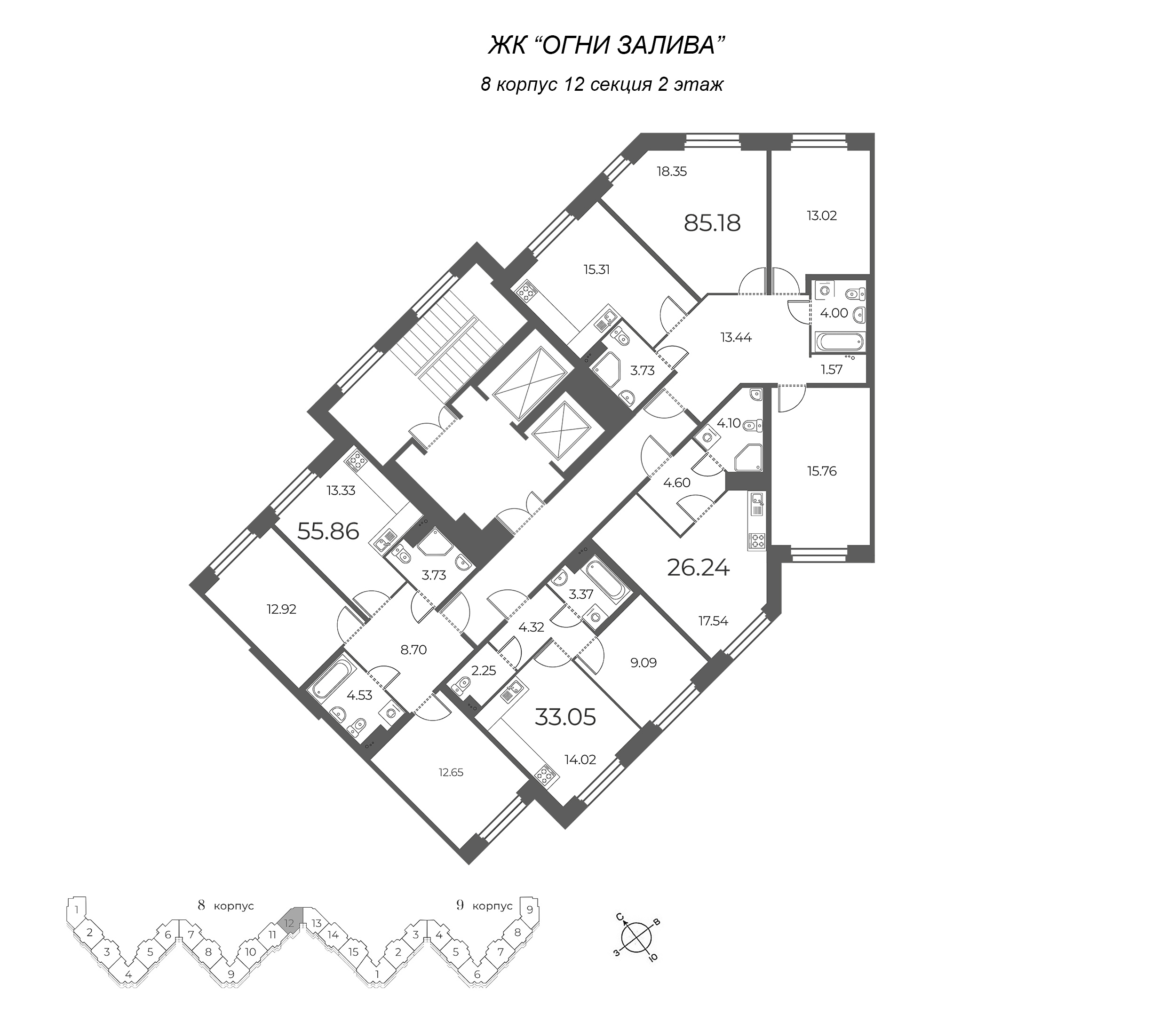 4-комнатная (Евро) квартира, 85.18 м² в ЖК "Огни Залива" - планировка этажа