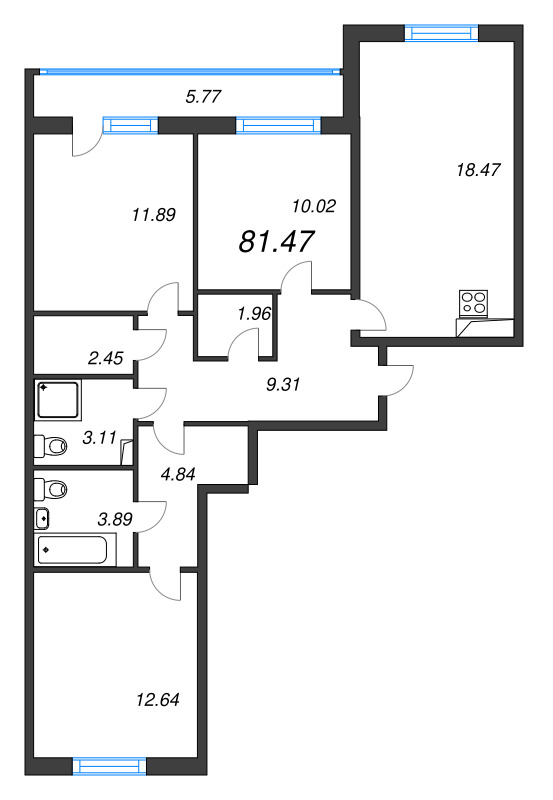4-комнатная (Евро) квартира, 81.47 м² в ЖК "Кинопарк" - планировка, фото №1
