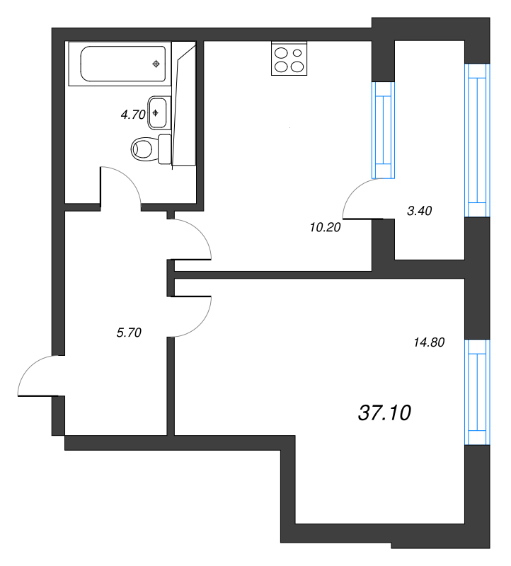 1-комнатная квартира, 37.1 м² в ЖК "Тайм Сквер" - планировка, фото №1