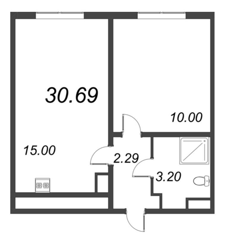 2-комнатная (Евро) квартира, 30.69 м² в ЖК "Ручьи" - планировка, фото №1