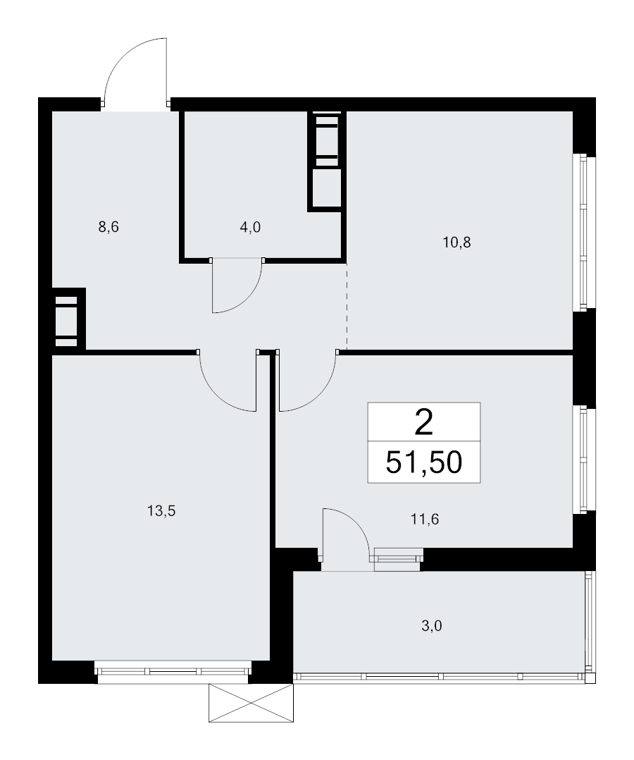2-комнатная квартира, 51.5 м² в ЖК "А101 Лаголово" - планировка, фото №1