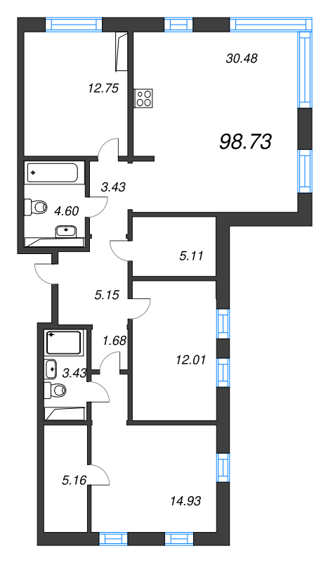 4-комнатная (Евро) квартира, 98.73 м² в ЖК "Черная речка, 41" - планировка, фото №1