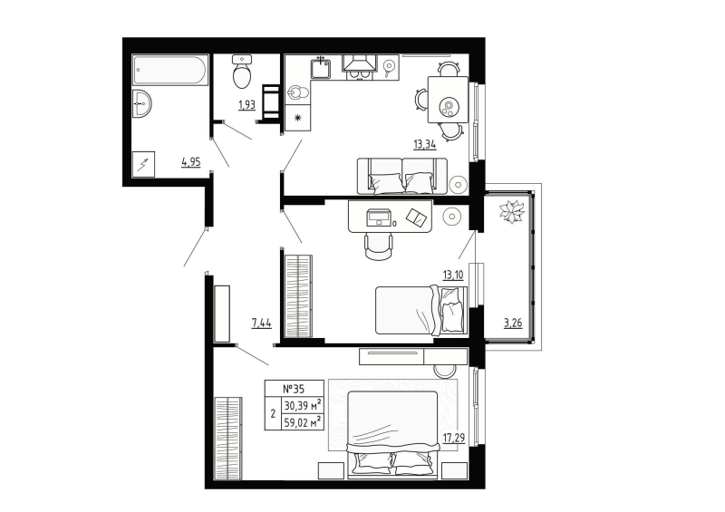 2-комнатная квартира, 59.02 м² - планировка, фото №1
