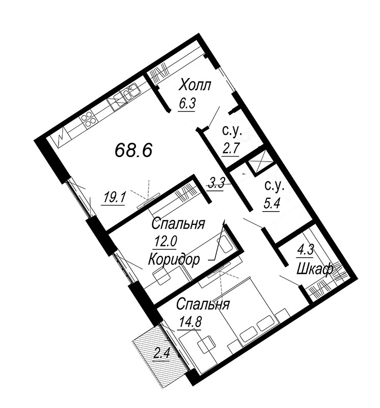 3-комнатная (Евро) квартира, 68.2 м² в ЖК "Meltzer Hall" - планировка, фото №1