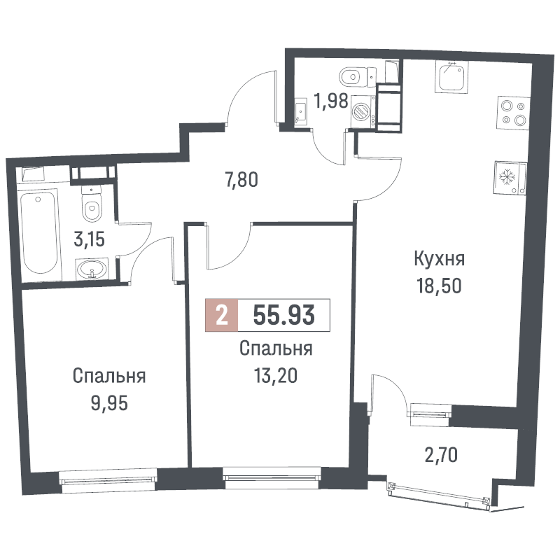 3-комнатная (Евро) квартира, 55.93 м² в ЖК "Авиатор" - планировка, фото №1