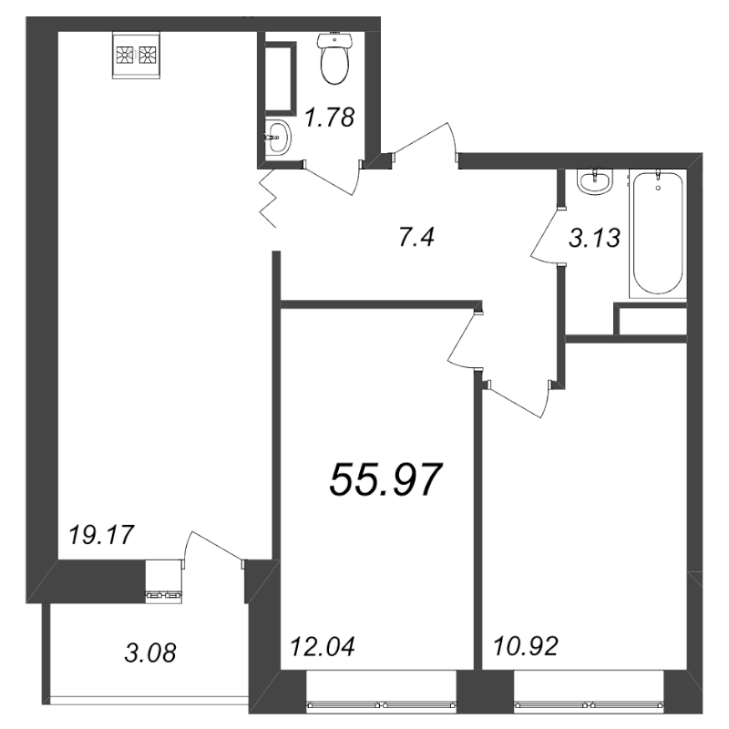 3-комнатная (Евро) квартира, 55.97 м² в ЖК "Уютный" - планировка, фото №1