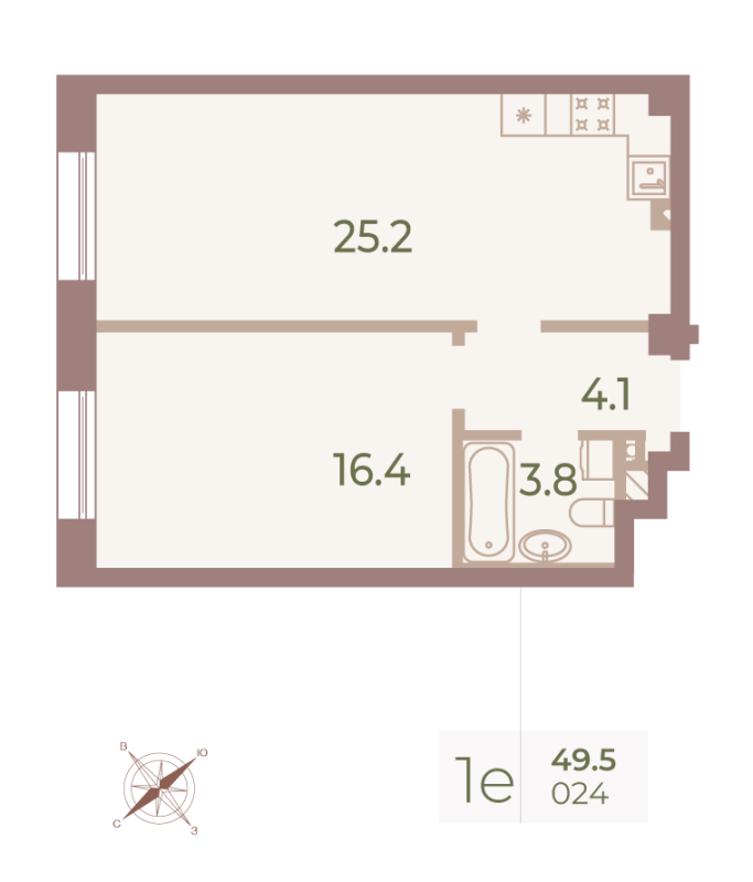 2-комнатная (Евро) квартира, 49.5 м² в ЖК "Neva Haus" - планировка, фото №1