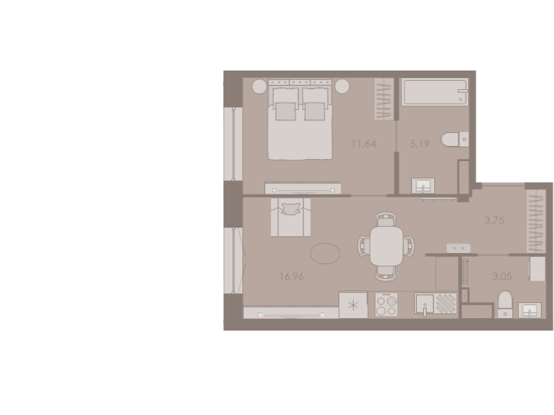 2-комнатная (Евро) квартира, 40.4 м² в ЖК "Северная корона" - планировка, фото №1