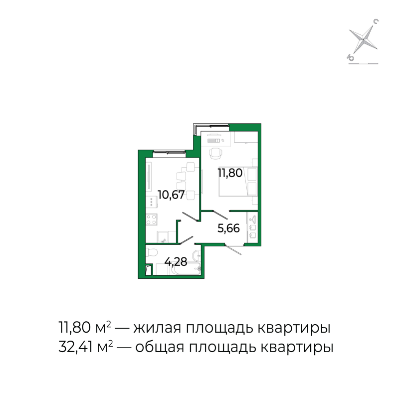 1-комнатная квартира, 32.41 м² в ЖК "Сертолово Парк" - планировка, фото №1