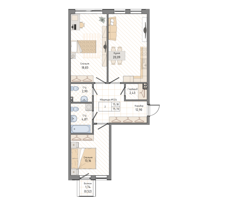 2-комнатная квартира, 76.5 м² в ЖК "Мануфактура James Beck" - планировка, фото №1