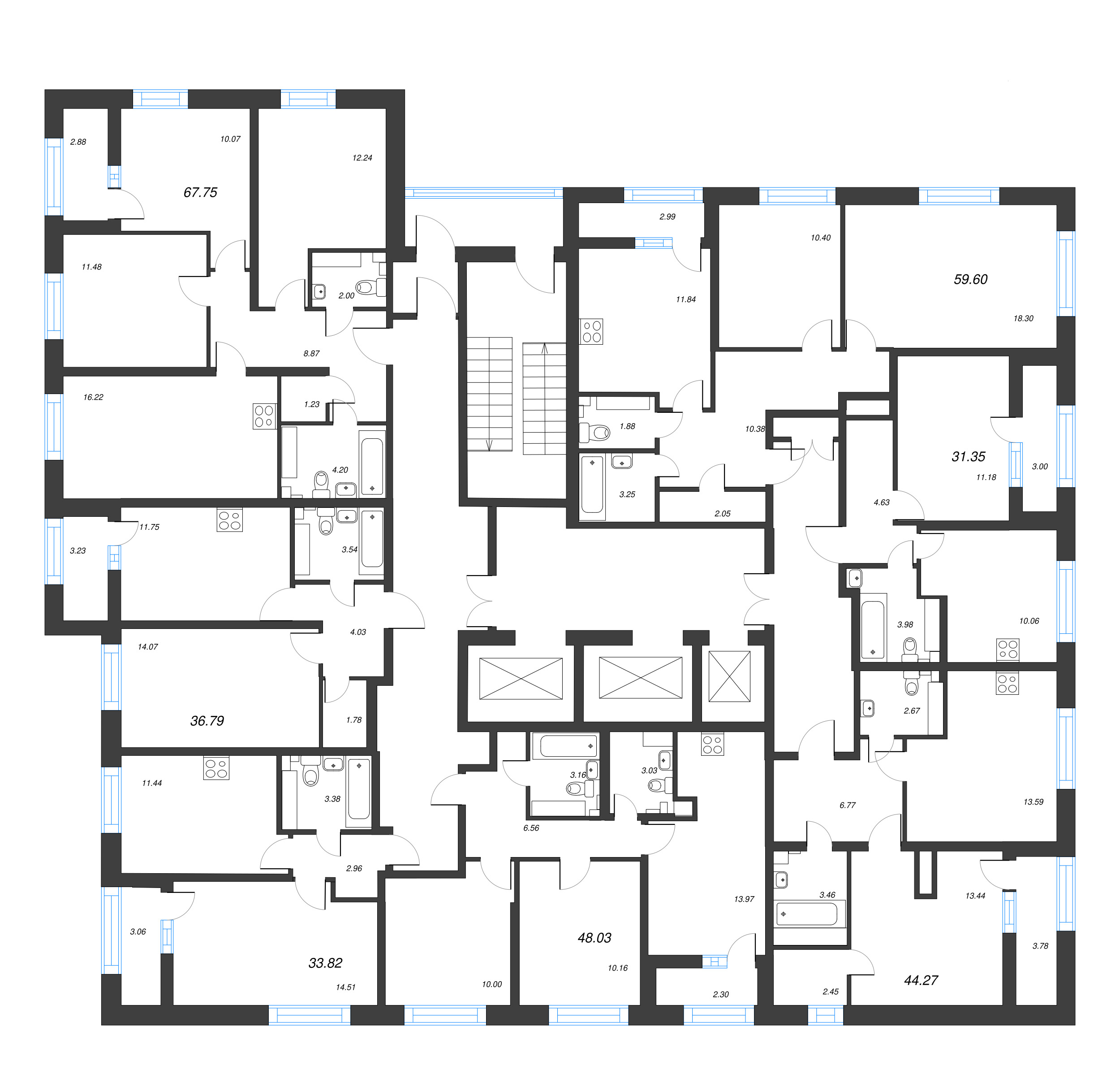 2-комнатная (Евро) квартира, 44.27 м² в ЖК "БелАрт" - планировка этажа