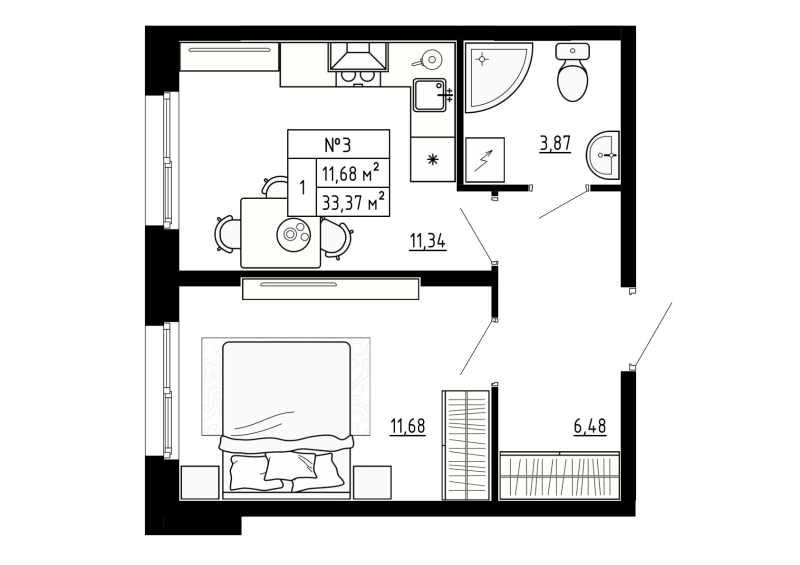 1-комнатная квартира, 33.37 м² - планировка, фото №1