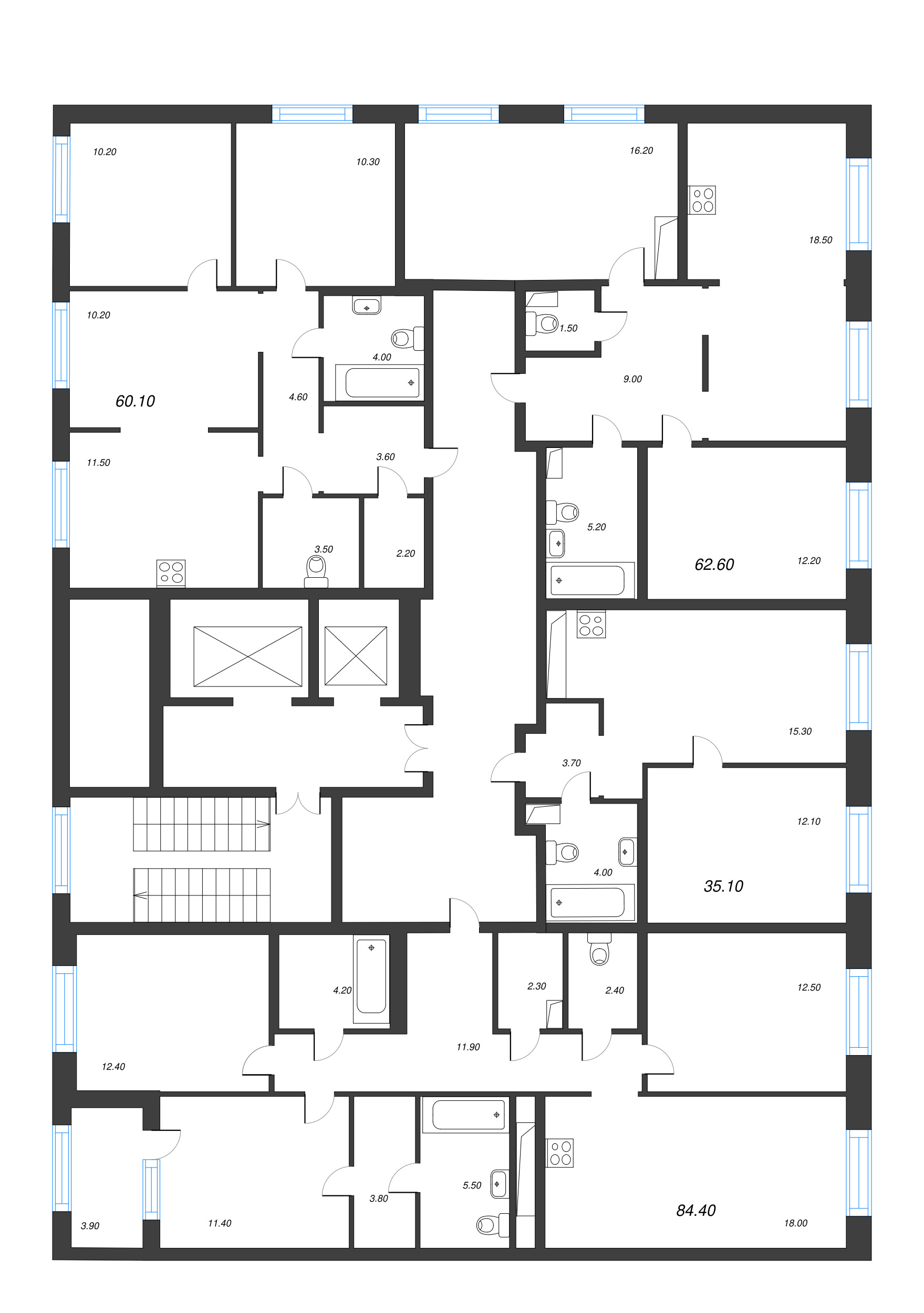 4-комнатная (Евро) квартира, 84.4 м² в ЖК "Струны" - планировка этажа
