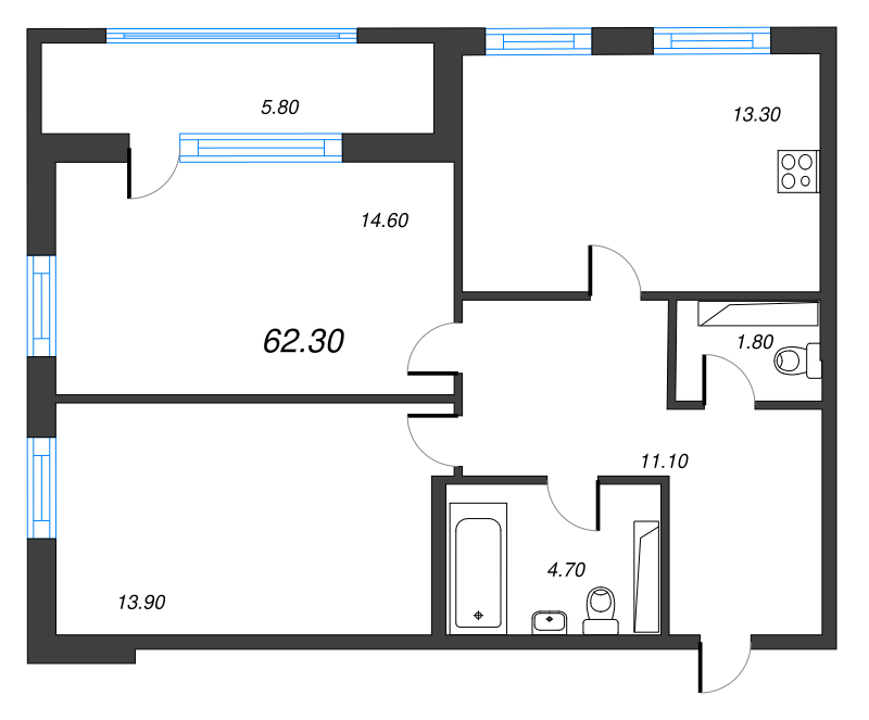 2-комнатная квартира, 62.3 м² в ЖК "Тайм Сквер" - планировка, фото №1