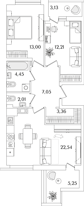 3-комнатная (Евро) квартира, 68.81 м² в ЖК "Лайнеръ" - планировка, фото №1