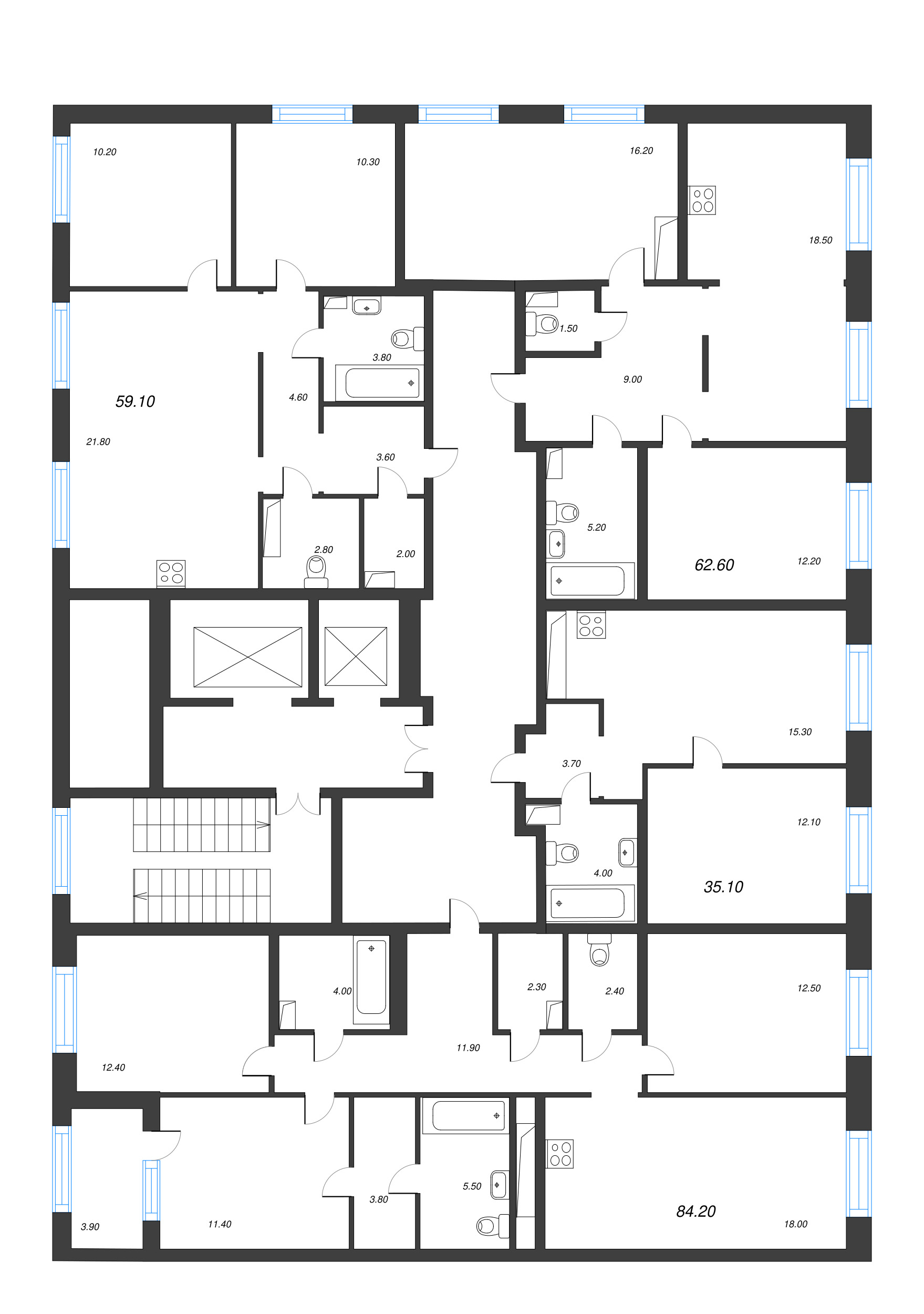 2-комнатная (Евро) квартира, 35.1 м² в ЖК "Струны" - планировка этажа