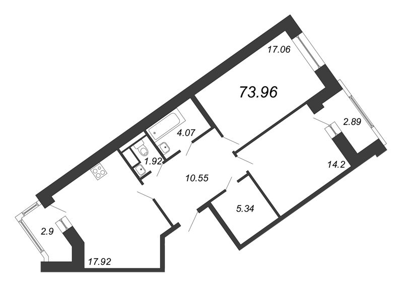 3-комнатная (Евро) квартира, 73.96 м² - планировка, фото №1