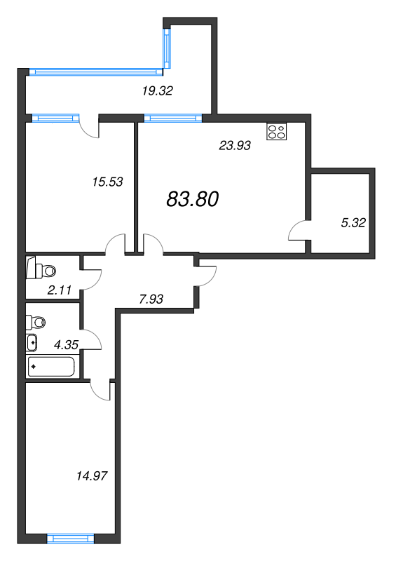 3-комнатная (Евро) квартира, 83.8 м² в ЖК "Аквилон Leaves" - планировка, фото №1