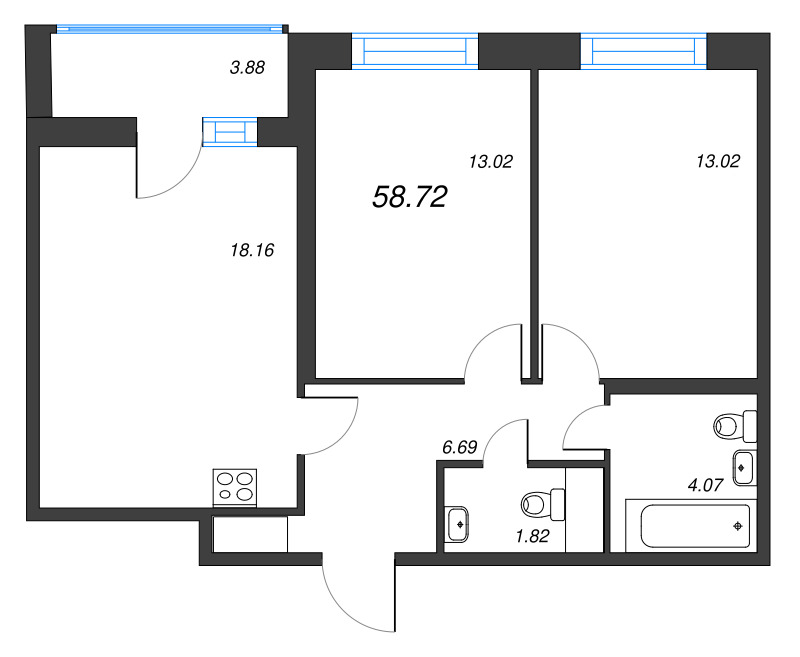 3-комнатная (Евро) квартира, 58.72 м² в ЖК "Искра-Сити" - планировка, фото №1
