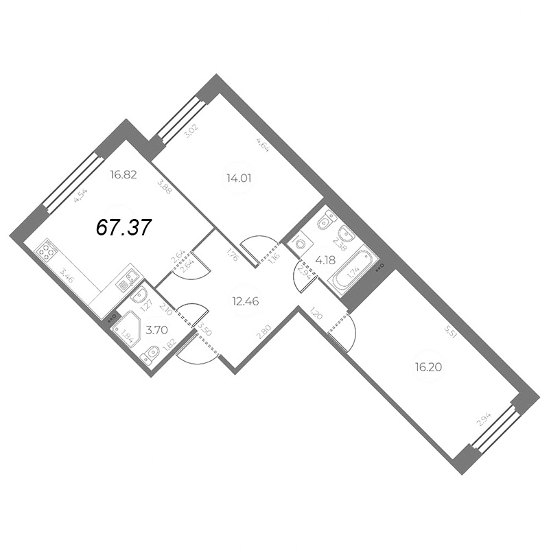 3-комнатная (Евро) квартира, 67.37 м² в ЖК "Огни Залива" - планировка, фото №1