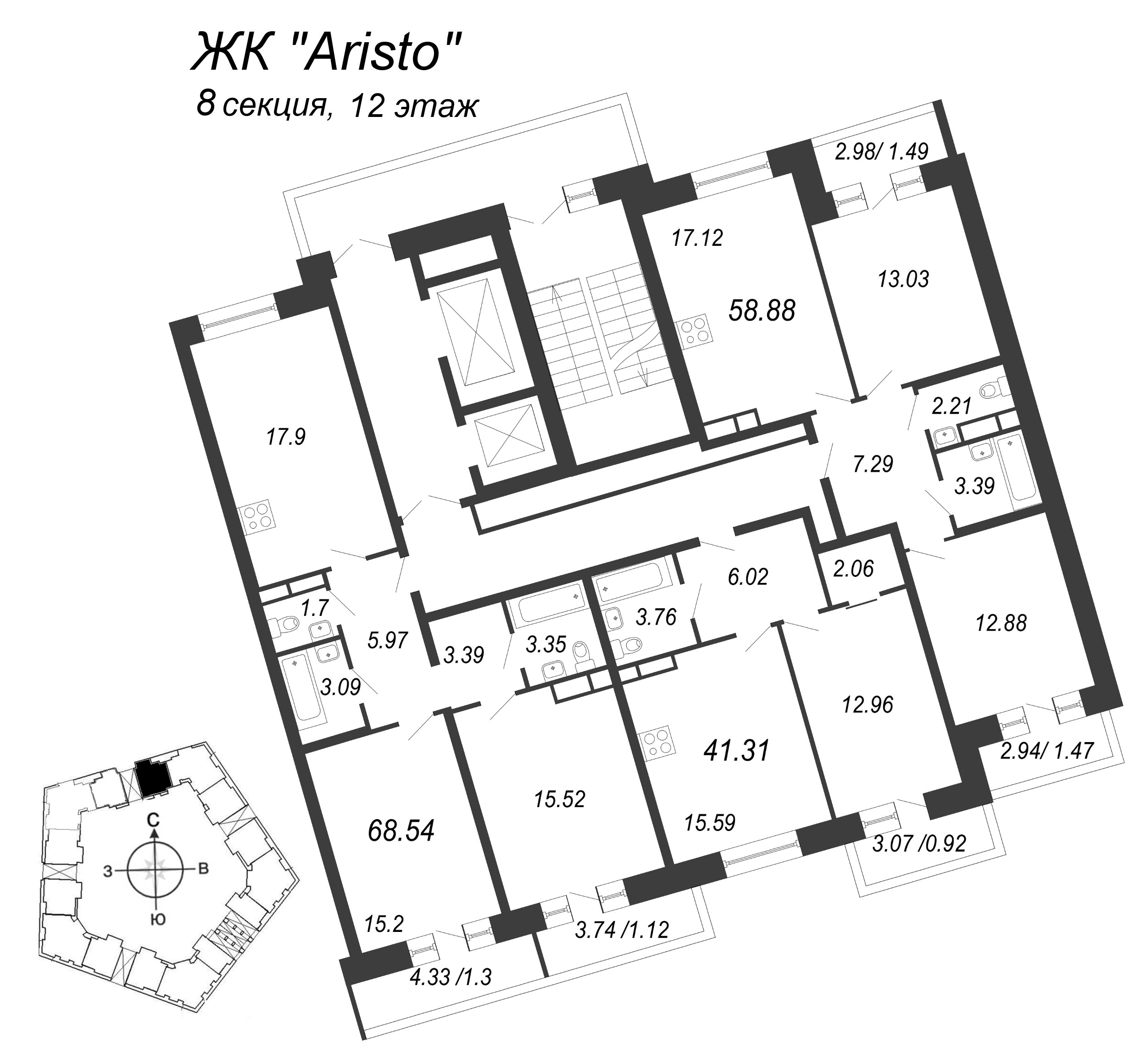 2-комнатная квартира, 68.54 м² - планировка этажа