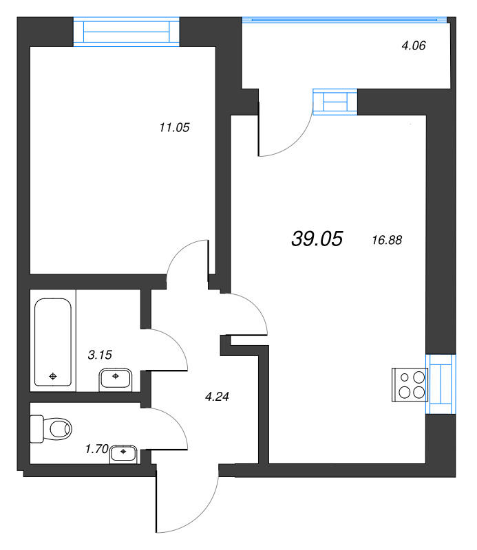 2-комнатная (Евро) квартира, 39.05 м² в ЖК "Искра-Сити" - планировка, фото №1