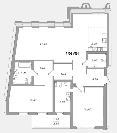 3-комнатная (Евро) квартира, 139.1 м² в ЖК "Приоритет" - планировка, фото №1