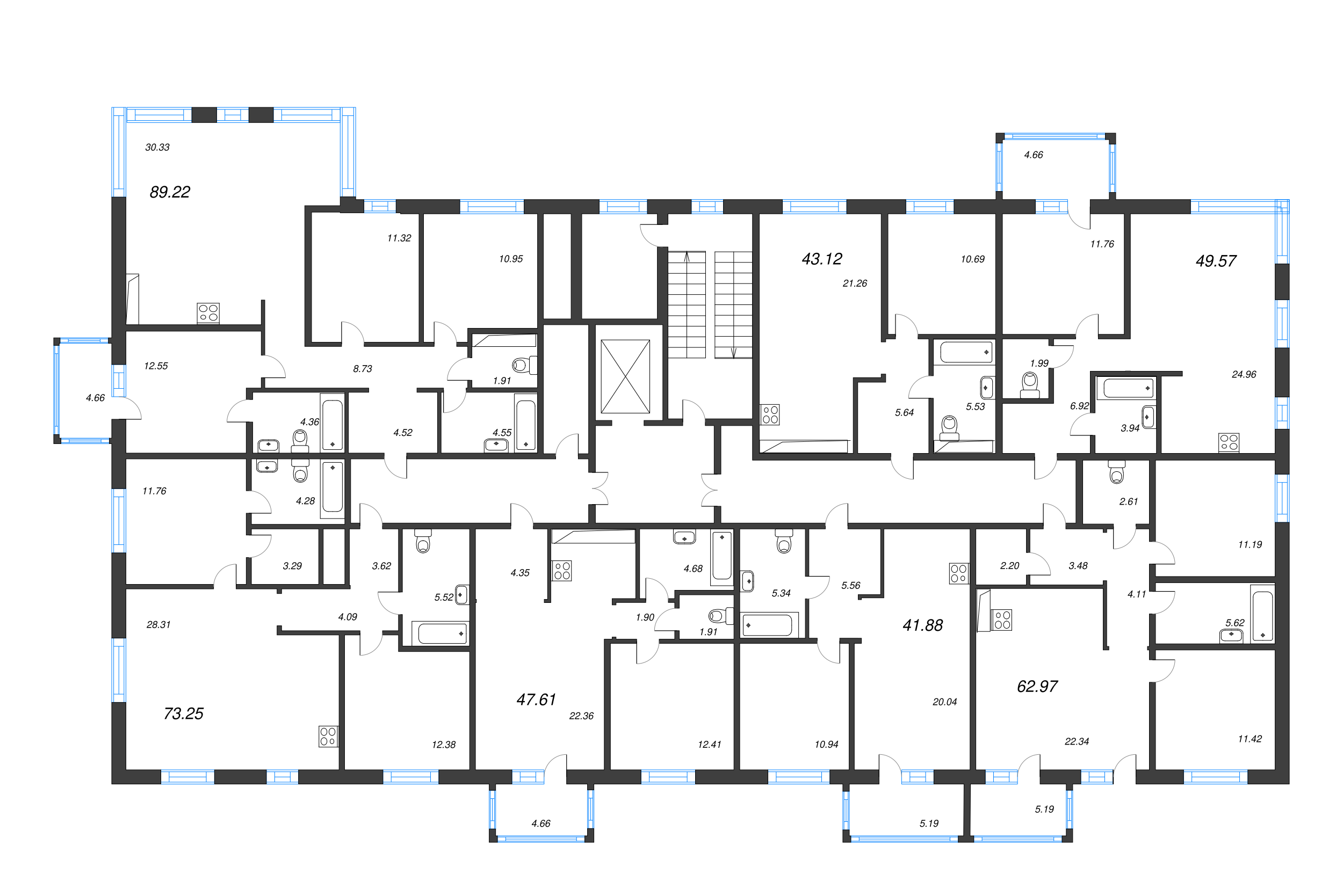 2-комнатная (Евро) квартира, 43.12 м² в ЖК "Черная речка, 41" - планировка этажа
