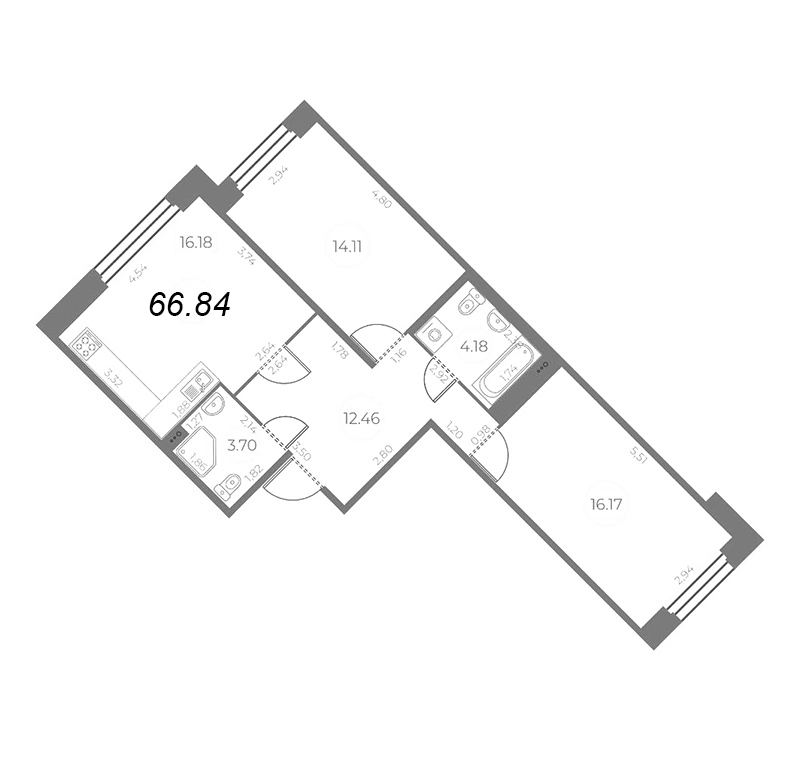 3-комнатная (Евро) квартира, 66.84 м² в ЖК "Огни Залива" - планировка, фото №1