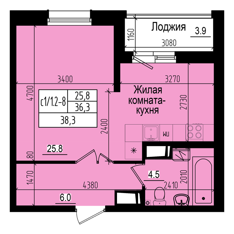 Квартира-студия, 38.3 м² в ЖК "ПРАГМА city" - планировка, фото №1