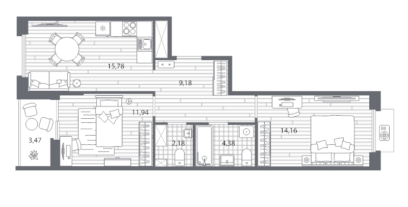 3-комнатная (Евро) квартира, 59.36 м² в ЖК "Respect" - планировка, фото №1