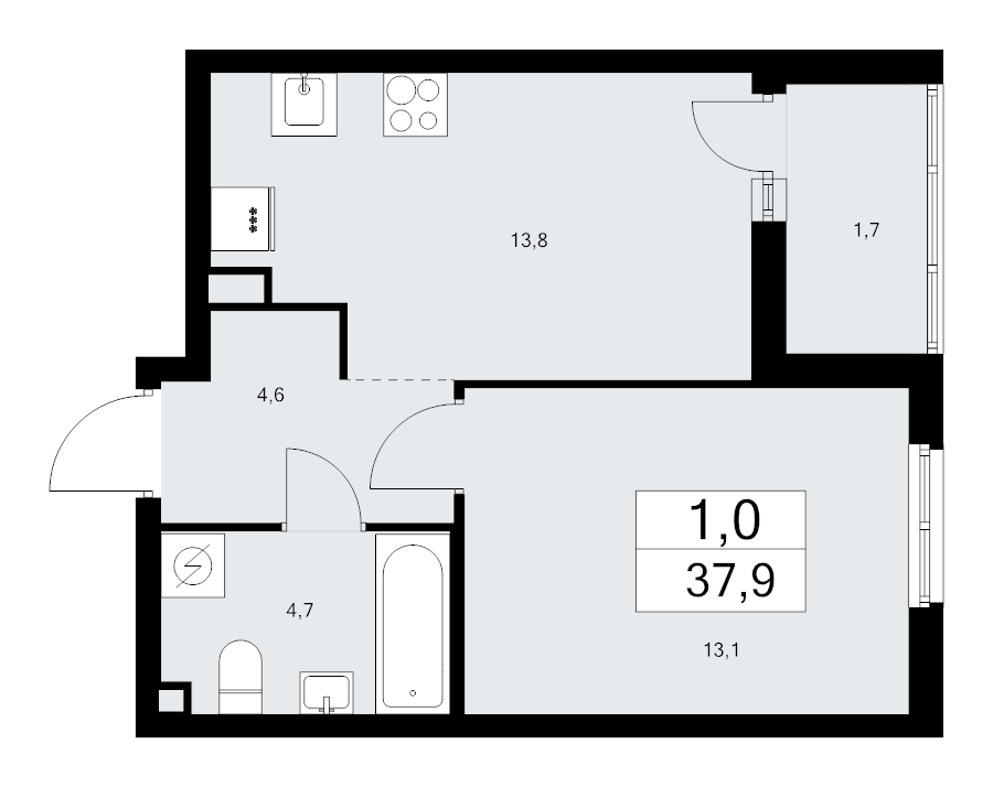 1-комнатная квартира, 37.9 м² - планировка, фото №1