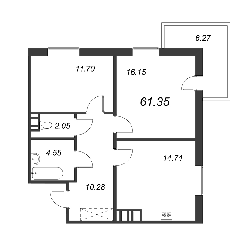 2-комнатная квартира, 59.47 м² - планировка, фото №1