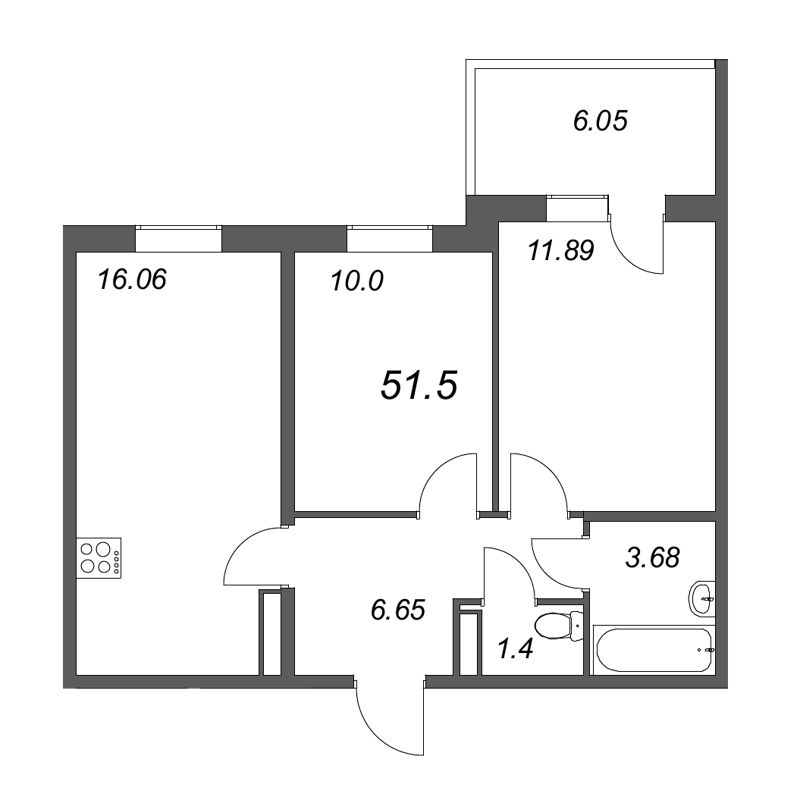 3-комнатная (Евро) квартира, 49.68 м² в ЖК "Юттери" - планировка, фото №1