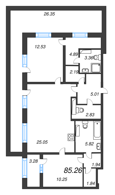 3-комнатная (Евро) квартира, 85.26 м² в ЖК "БелАрт" - планировка, фото №1