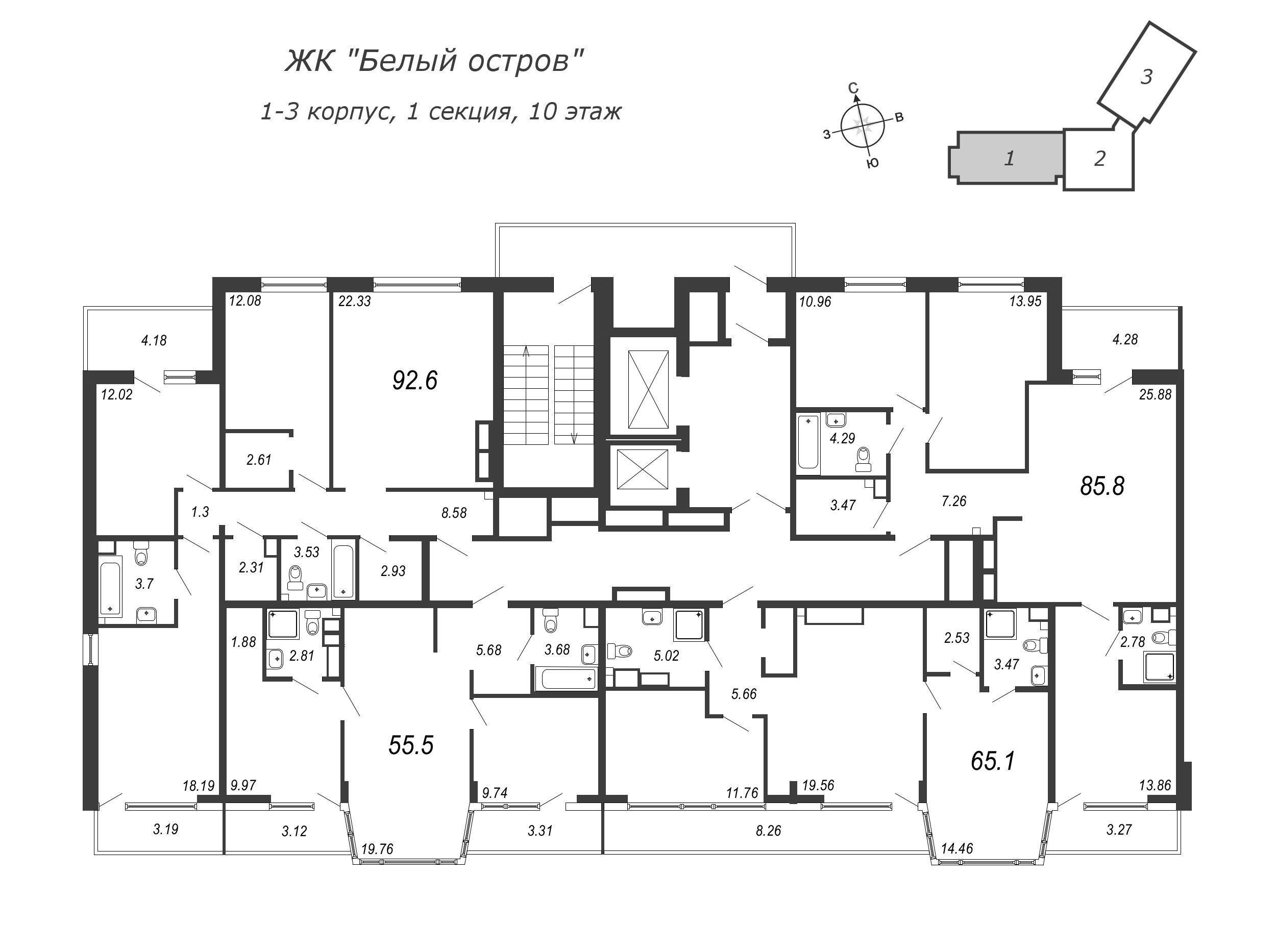 3-комнатная (Евро) квартира, 64.8 м² в ЖК "Белый остров" - планировка этажа