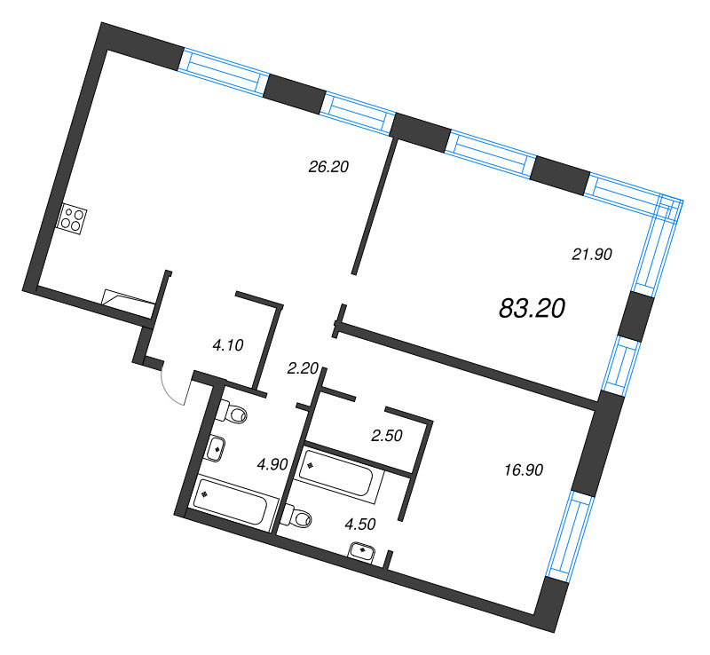 3-комнатная (Евро) квартира, 83.2 м² в ЖК "ЛДМ" - планировка, фото №1