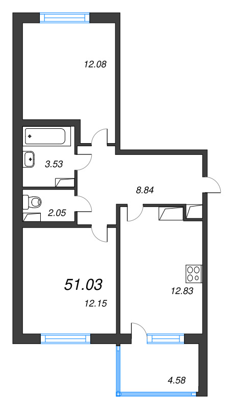 2-комнатная квартира, 51.03 м² в ЖК "ЮгТаун" - планировка, фото №1