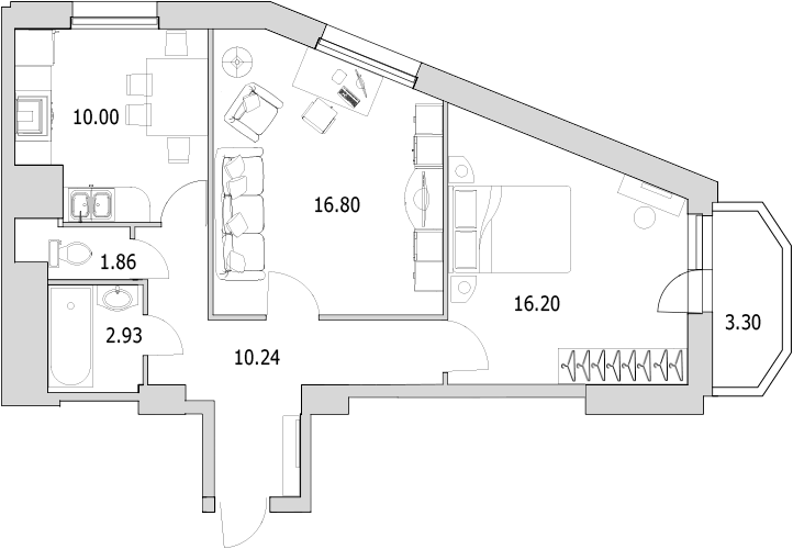 2-комнатная квартира, 61.3 м² в ЖК "Байрон" - планировка, фото №1