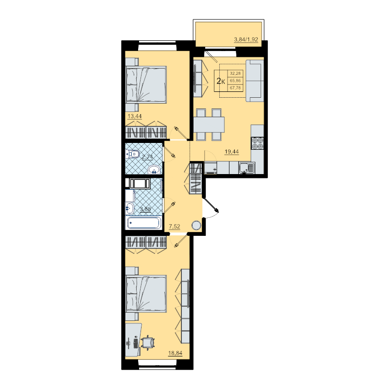 3-комнатная (Евро) квартира, 67.8 м² в ЖК "Северный меридиан" - планировка, фото №1