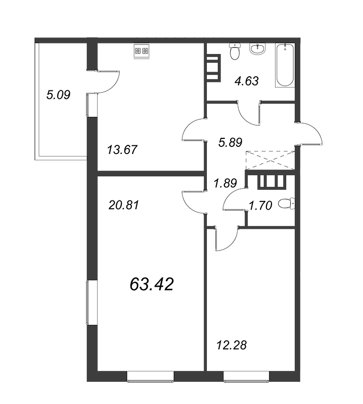 2-комнатная квартира, 60.87 м² - планировка, фото №1